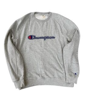 Champion Mens XL Sweatshirt Gray Logo Crew Neck Long Sleeve Knit Cotton Blend